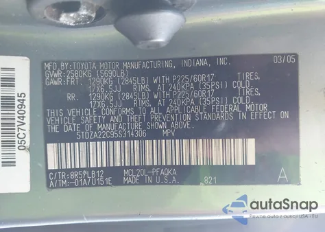 2005 Toyota Sienna Xle Limited z USA, uszkodzony, nr VIN 5TDZA22C95S314306